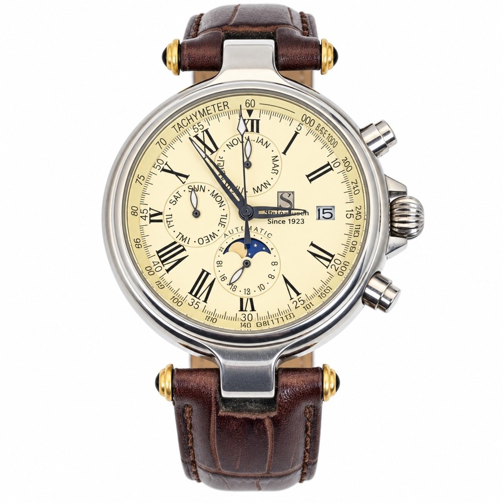 Steinhausen TW381 Men's Automatic Moon Phase Watch Box Papers 3 Bands